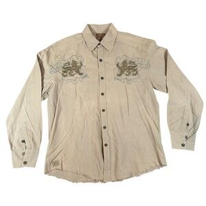 Roar Men XL Tan Pinstripe Embroidered Lion Long Sleeve Button Down Shirt Western